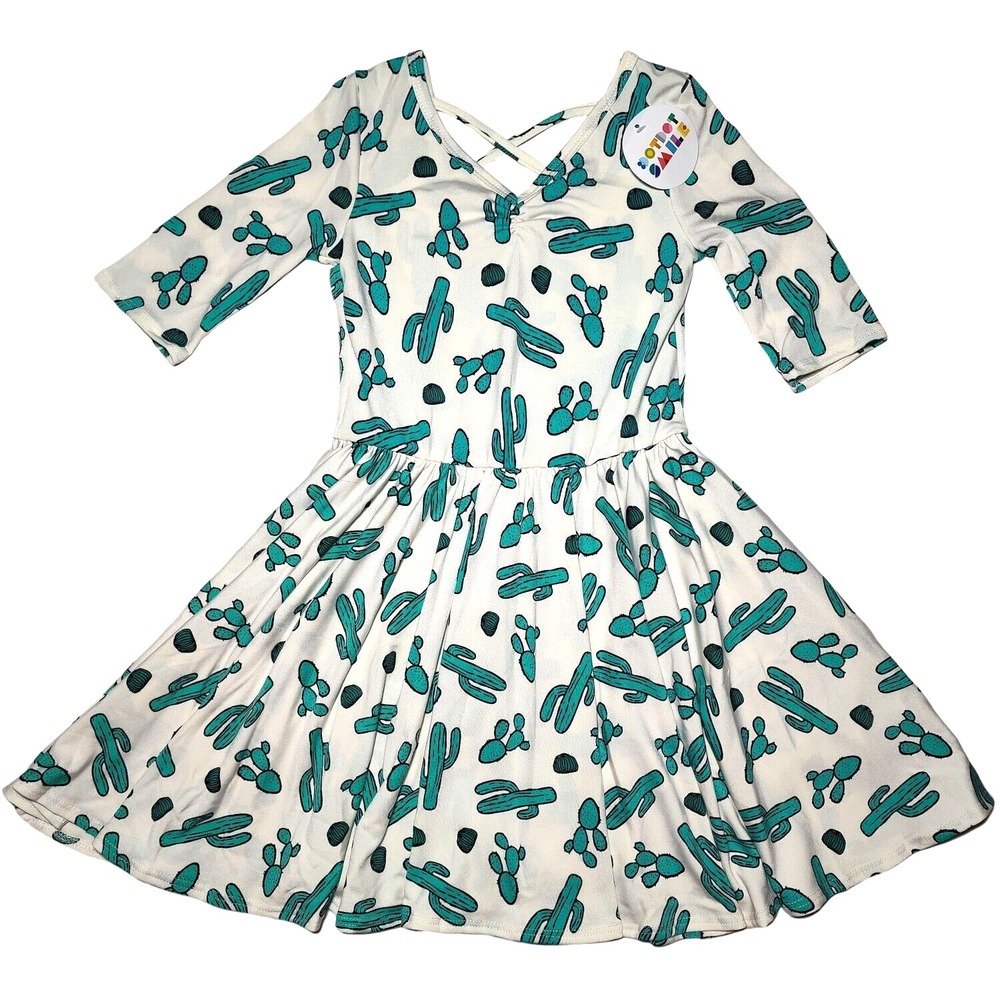 Dot Smile Girls 5 6 White Green Cactus Ballerina Twirl Dress 3/4 Sleeve Cacti